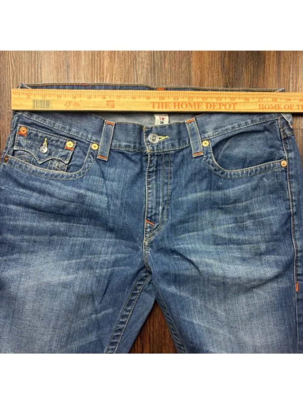 True Religion Straight Jeans Distressed Medium Wash Big T Flap Men’s Size 38